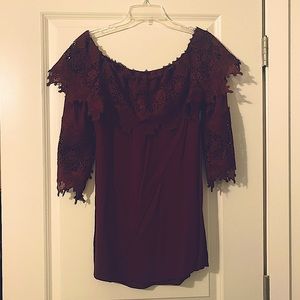 Shyanne. Red wine colored short off the shoulder dress.